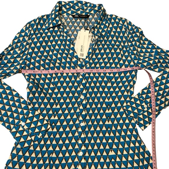 NWT Zara blue geometric satin set size XS shirt and pants flare 70a bloggers - Picture 6 of 14